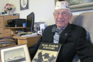 Ralph Laedtke, 90, is among the survivors of the Japanese attack on Pearl Harbor Dec. 7, 1941. He served on the USS Solace (pictured in framed photo), which provided medical services. Laedtke's wife Ferne (Bottemiller) Laedtke grew up in Washougal. The couple recently moved from Illinois to this area.