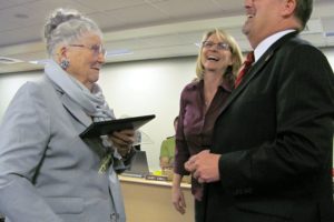 Lila Robertson Trammell, 94, received an honorary Camas High School diploma from School District Superintendent Mike Nerland and School Board member Connie Hennessey last week. The event had been more than 75 years in the making.