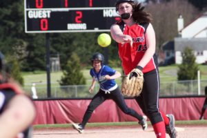 Harli Hubbard brings the heat for the Camas softball team. She pitched seven strong innings and drove in three runs at the plate Friday, to help the Papermakers smash Mountain View 10-1.