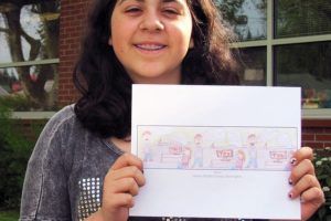 Stacy Yakouba, an eighth-grader at Liberty Middle School, won honorable mention in a nationwide First Amendment contest. Her cartoon depicts staffers at the entertainment news website, TMZ.com, discussing freedom of speech.