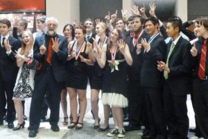 The Camas High School Science Olympiad celebrates their 14th place win at the National Science Olympiad tournament in Madison, Wis., on May 21. The team also took home medals in two individual events.