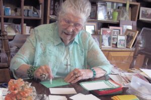 Lila Trammell, of Camas, creates cards for veterans at the Barnes nursing home and hospice center in Vancouver. She has been selected as Camas Days Senior Royalty. Trammell will celebrate her 95th birthday on July 12, one day before her coronation.