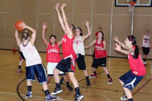 The Camas High School girls basketball players work on passing and pressure packed defense during practice.