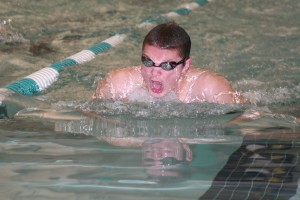 Jake Yraceburu finished first for the Papermakers in the 100-meter breaststroke Thursday, at Propstra Pool in Vancouver. He also helped Camas win the 200 medley and 400 freestyle relay races.