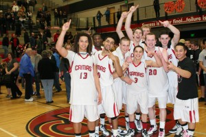 The Camas High School boys basketball team captured a league championship for the first time in 49 years. Pictured, left to right: Addison Owen, Richard Schultz, Kevin Basilio, Jacob Kaler, Dobilas Zalpys, Kyle Friend, Bryan Butler, Marc Eppinger, Michael Neff and Damon Kosaki.