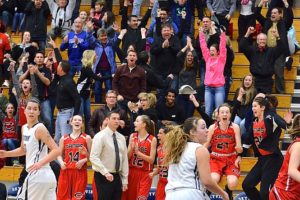 The Camas side of the Skyview High School gym erupts Friday, after the Papermakers defeated the Storm 49-46.