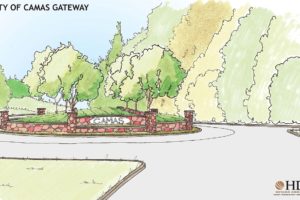 This architect's rendering by consultant HDJ Design Group depicts what a roundabout at the intersection of Northwest Sixth Avenue and Norwood Street would look like. On Monday, the Camas City Council gave staff the go-ahead to begin design work.