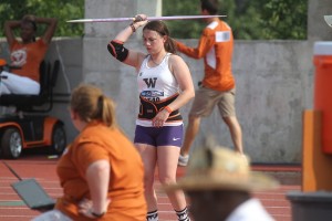 Jordin Seekins settles into her comfort zone before throwing the javelin. The 2009 Washougal High School graduate is now a senior at the University of Washington.