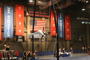 Nick McAfee performs on the rings during the Blackjack National Men's Gymnastics Championship Feb. 3, in Las Vegas. The 16-year-old from Camas racked  up 77.35 points in six events to finish in third place in the all-around competition.