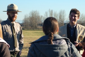 Brett Oppegaard, of Camas (right), gives a demonstration of the Fort Vancouver mobile app to a Washington State University Vancouver class. Chief Ranger Greg Shine is pictured on the left. Oppegaard, an assistant professor at WSU-V, recently accepted an award for outstanding volunteer service from the National Park Service.