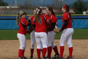 Camas infielders Lena Richards, Faith Allen, Cailyn Grindy, Katie Schroeder and Harli Hubbard are one out away from defeating Mountain View 6-1 Monday.