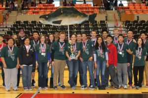 The Camas High School Science Olympiad team members celebrate after earning their fourth consecutive state title on Saturday at Eastern Washington University.