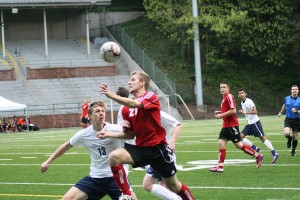 Nate Beasley heads the soccer ball forward for Camas Friday, at Kiggins Bowl. The Papermakers scored three goals in the second half to defeat Skyview 4-2.