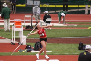 Amber Corbett tosses the javelin during the Oregon Relays, at Hayward Field in Eugene. The Camas High School junior clinched second in the event with a throw of 126 feet, 7.5 inches.