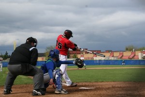 Austin Barr laces a single into right field Friday, at Mountain View High School. In the first inning, the Camas High School senior crushed a 3-1 pitch over the left field fence for his 100th hit.