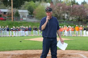 Dave Kuhlman speaks in March during opening ceremonies held to mark the beginning of the baseball season at Louis Bloch Park in Camas. The Camas-Washougal Babe Ruth vice president was recently honored by the Parks Foundation of Clark County. He received the Florence B. Wager V-Formation Flyer Award, in recognition of his efforts to lead the charge resulting in the completion of more than $200,000 in  improvements at the popular baseball facility.