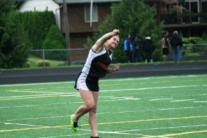 Washougal High School freshman Anna Sharp launches the javelin 110 feet, 3 inches to win the event at the 2A sub-district meet Friday, at Fishback Stadium.