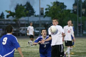 Bennett Lehner takes possession of the soccer ball during the 4A district championship match May 12, at Doc Harris Stadium. The Camas High School junior scored two goals to help the Papermakers beat Mountain View 3-0.