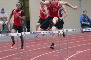 Camas High School senior Ryan Gunther captured three titles during the final day of the 4A district track and field meet May 19, at McKenzie Stadium. He finished first in the 100 hurdles, 300 hurdles (above) and the 1,600 relay.