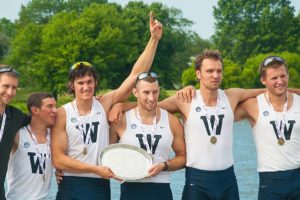 Reiner Hershaw (fourth from left) holds a piece of the IRA Open Four National Championship trophy. The 22-year-old, who graduated from Washougal High School in 2008, was recently commissioned to the U.S. Marine Corps as a second leiutenant.