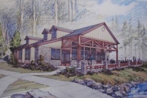 Pictured is an architect's rendering of the proposed Lacamas Lake Lodge and Conference Center, which will be built on the site of the former Camas Moose Lodge. Funding issues have delayed the bid award process.