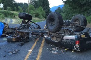 Three people were killed Saturday when an eastbound pickup truck crossed the center line on Highway 14 and crashed head-on into a mini van carrying five people.