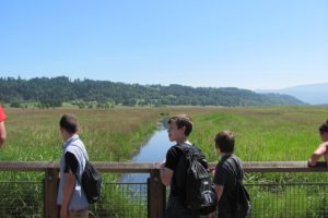 Students pause to look for birds during a hike at the Gibbons Creek Wildlife Art Trail. It is part of the 1,049 acre Steigerwald Lake National Wildlife Refuge.