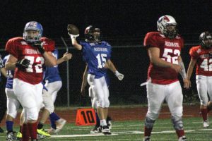 A.J. Finley, of Camas, intercepts a pass in the end zone during the Freedom Bowl Classic football game for Shriner's hospitals Saturday, at McKenzie Stadium in Vancouver.