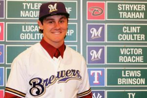 Clint Coulter stands tall after being selected by the Milwaukee Brewers with the 27th pick in the Major League Baseball 2012 Draft.