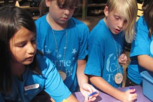 Junior Scouts create dreamcatchers at Currie Twilight Camp last week. The J.D. Currie Youth Camp is located on 300 acres just outside of Camas and is home to several different youth events during the summer.