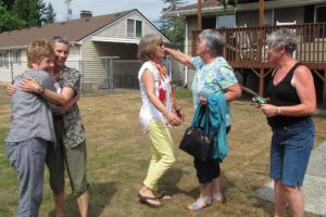 The former classmates greeted each other with hugs and laughter. They included Jan "Bailey" Whitehead, Terry "Cleaver" Hoogesteger, Beth "Zollo" Klaas, Cynthia "Burns" Shaw and Kooky "Ritter" Helland (from left to right).