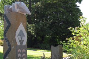 A basalt column carved by Greg Robinson, a tribal council member of the Chinook Indian Nation, is located in the Chinook Plaza, in Washougal. Three interpretive panels will be unveiled at the plaza Thursday, in the Parkers Landing Historical Park.