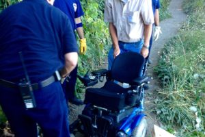 CWFD personnel, including Division Chief Cliff Free, Battalion Chief Allen Wolk, and Firefighter Gene Marlow, constructed a ramp to remove a wheelchair from lake bed adjacent to the Heritage Trail. Earlier in the afternoon, a woman who was traveling on the gravel trail in the wheelchair fell 15 feet down the embankment. She received minor injuries.