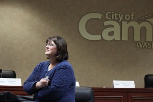 Post-Record file photo
Nina Regor is pictured here during her first day on the job as Camas City Administrator in January.  Last week after going on immediate medical leave it was announced by Mayor Scott Higgins Friday that she would not be returning to work.