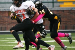 Tristan Roseff snags his second interception for the Washougal football team Friday, at Kiggins Bowl. Roseff also scored two touchdowns to help the Panthers defeat Hudson's Bay 48-6.