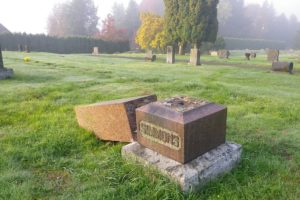 This headstone was among 16 damaged by vandalism at the Camas Cemetery. Police are currently investigating the incident, which was reported on Wednesday.