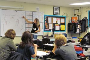 Camas High School English teacher Ruhiyyih Wittwer shows ninth grade students in the Integrated Arts and Academics magnet program how to create a map using text evidence from a short story they had read earlier. The students incorporated art into the project by shading the map using only primary color pencils.