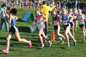 The state's best female runners in the 2A division make the big turn at the state championship cross country race Saturday, at Sun Willows Golf Course, in Pasco. Can you spot the one Washougal Panther along this snake-like trail?