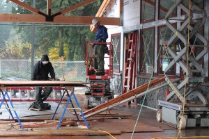 Rain or shine, workers have been busy at the construction site of the future Lacamas Lake Lodge and Conference Center. Contractor JWC Construction began work on the city of Camas project in July, and officials are aiming to have construction completed in time to hold the City Council's annual planning conference there at the end of January.