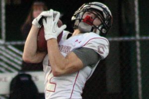 Zach Eagle catches the football over his shoulder and takes it to the end zone for a 78-yard touchdown. The Camas football team defeated Eastlake 47-28 Saturday, in Sammamish.