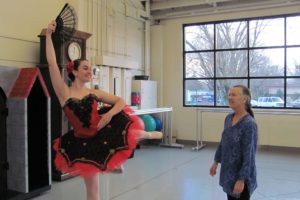 Hannah Gutkind and Jan Hurst collaborate on technique during a recent practice at Columbia Dance.