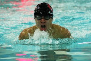 John Utas charges through the water in the 100-meter breaststroke. The Camas High School senior earned the third most points at the Sprint Pentathlon Saturday, at the Dick Mealy Memorial Pool, in Longview.