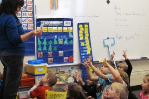 Grass Valley Elementary School kindergarten teacher Ellen Keller and her students participate in an interactive math lesson. Grass Valley has been named a statewide "School of Distinction," for improving performance for all students.