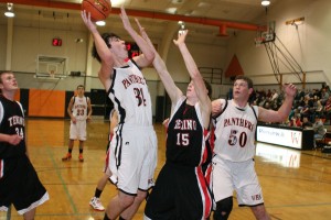 Aaron Diester roars on the way to the hoop Wednesday, at Washougal High School. The Panthers turned a 10-point deficit at halftime into a 53-52 victory.