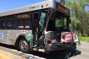 Six people were injured when a minivan pulled in front of a C-Tran bus on Evergreen Highway in Washougal on Tuesday. Investigators believe the driver of the minivan was attempting to make a u-turn.