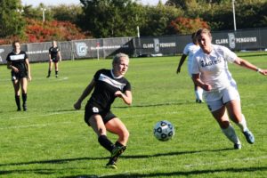 Baylee Wright shoots the ball for Washougal on the Clark College soccer field Thursday. Three goals in the last 20 minutes propelled the Panthers to a 3-0 victory against Hudson's Bay.