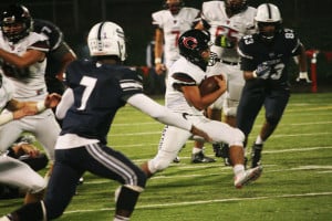 Jordan Del Moral gallops through a huge hole created by the offensive line. The Camas High School senior rushed for 191 yards and scored four touchdowns to help the Papermakers beat Skyview 41-10 Friday, at Kiggins Bowl.