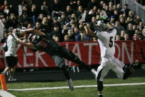 Hunter Bruno hauls in a touchdown catch for the Camas football team Friday, at Doc Harris Stadium. The Mean Machine shredded the Union Titans 51-16.