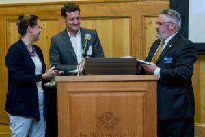 Washougal Mayor Sean Guard (right) and Vancouver Mayor Tim Leavitt (center) presents the City Champion award to Sen. Ann Rivers. She was lauded for her support of the stateís transportation investment package and efforts to help establish a regulatory framework to provide legal marijuana to patients and recreational users. 