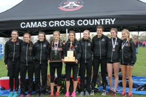 The Camas girls cross country team became 4A state champions again Saturday, in Pasco. Left to right: Alexa Jones, Kaylee Merritt, Madison Child, Emily Wilson, Maddie Woodson, Ellie Postma, Brooke Roy, Emma Jenkins and Rachel Blair.